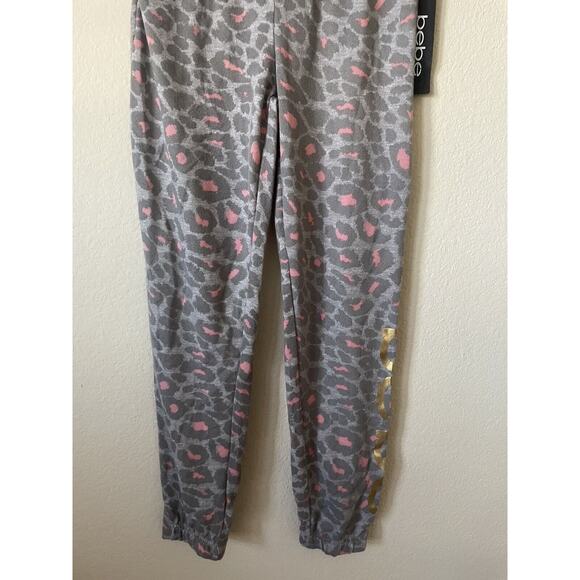 Bebe Girls Gray Pink Animal Print Gold Foil Logo Joggers Pants Size M 10/12 - Picture 3 of 6